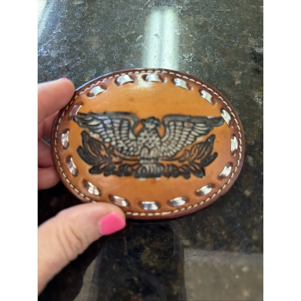 Vintage Flying Phoenix Soaring Eagle Hand Tooled Custom Leather Bird Belt Buckle